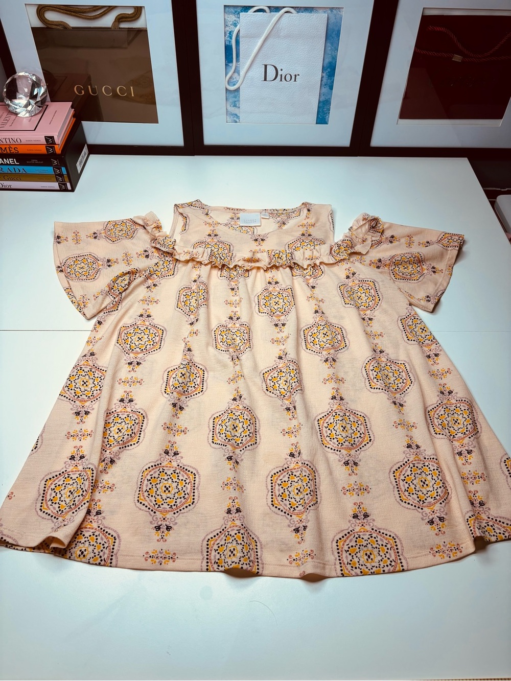 LC Lauren Conrad Cold Shoulder Ruffle Medallion Blouse Peach Pink M NWOT Boho